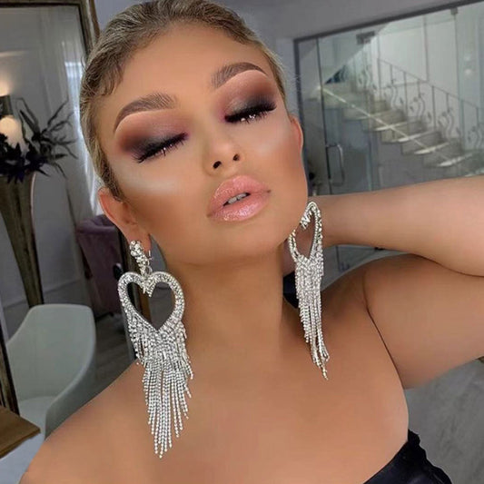 Crystal Heart Tassel Earrings with Gem Detail - Silver