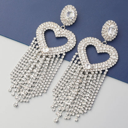 Crystal Heart Tassel Earrings with Gem Detail - Silver