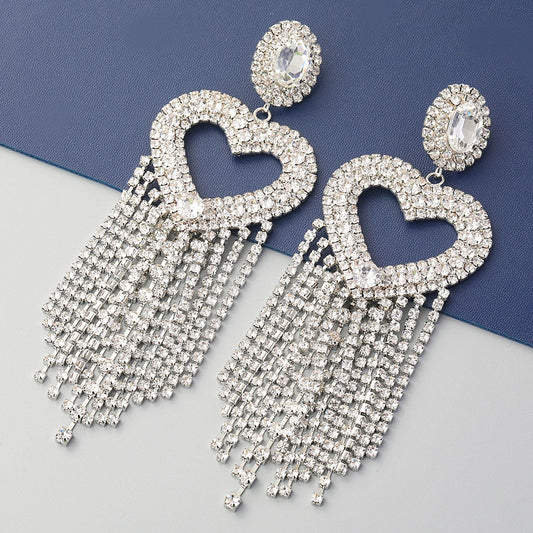 Crystal Heart Tassel Earrings with Gem Detail - Silver