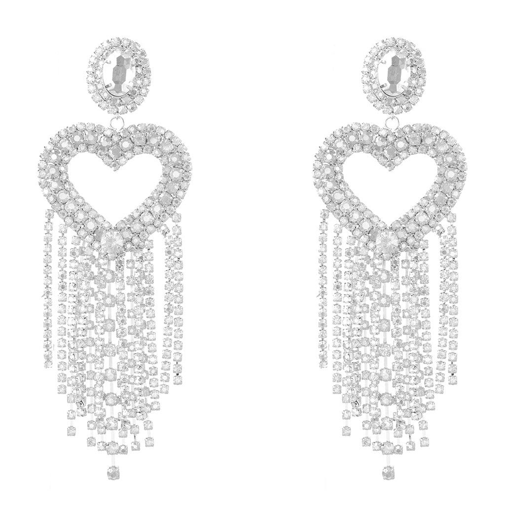 Crystal Heart Tassel Earrings with Gem Detail - Silver