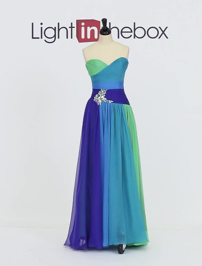 A-Line Color Block Dress Wedding Guest Floor Length Sleeveless Sweetheart Chiffon Backless with Ruched Crystals 2023