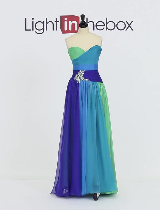 A-Line Color Block Dress Wedding Guest Floor Length Sleeveless Sweetheart Chiffon Backless with Ruched Crystals 2023