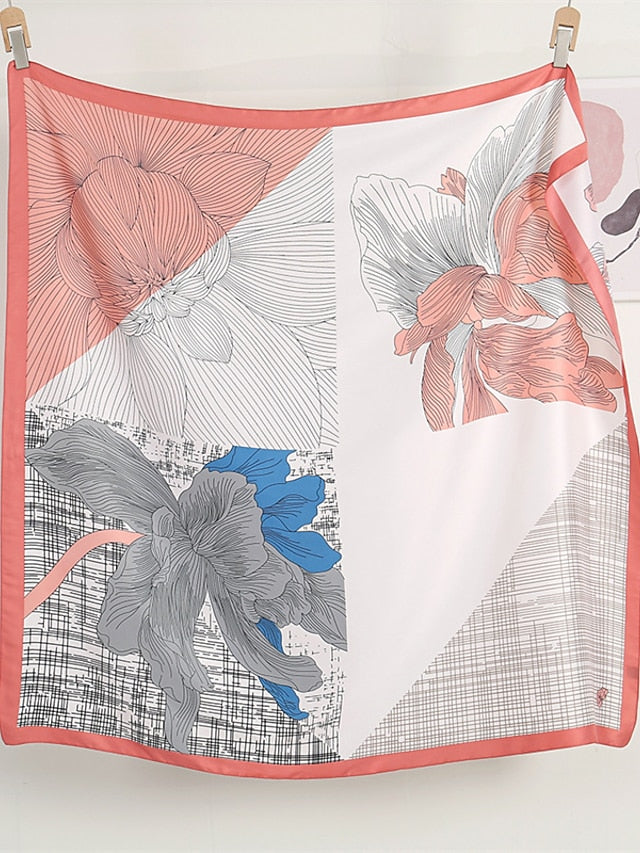 110X110cm Square Silk Scarf Women Simple Print Scarves Satin Shawl Hair Wrap Hijab Female Headband Bandana Flower Neckerchief for Women