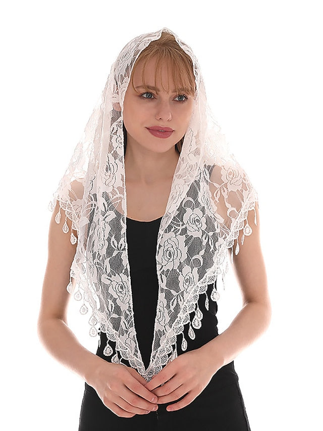 1pcs Solid Triangle Scarf for Church Shawl Catholic Church Prayer Shawl Hollow Floral Spanish Mantilla Lace Veil Wedding Cape for Women for Women