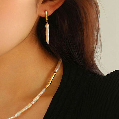 Two Tone 18K Gold Plated Baroque Pearl Drop Earrings