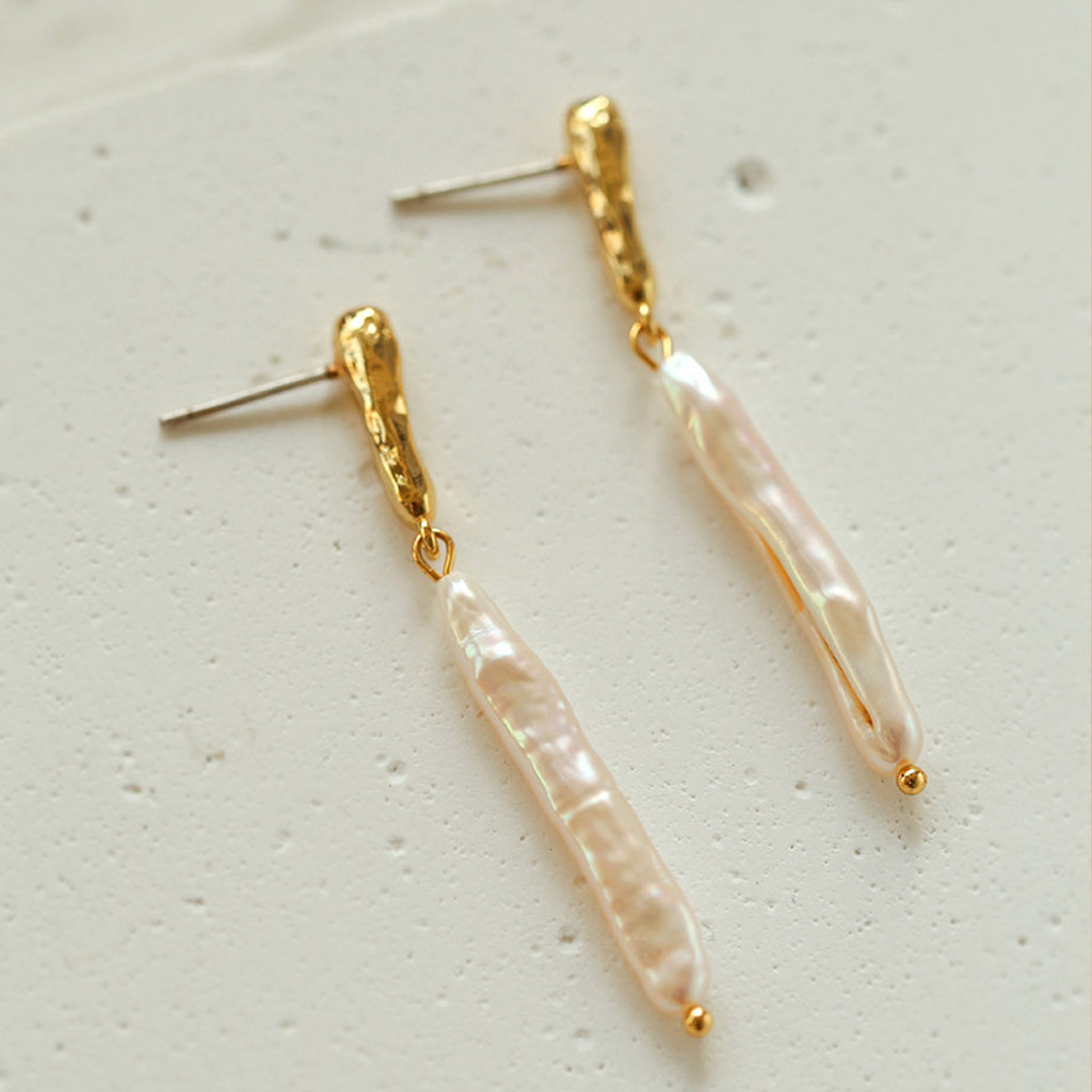 Two Tone 18K Gold Plated Baroque Pearl Drop Earrings