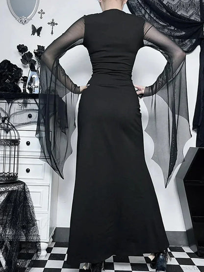 Gloomy Halloween Net Patchwork Flare Sleeve Full-Length Dress