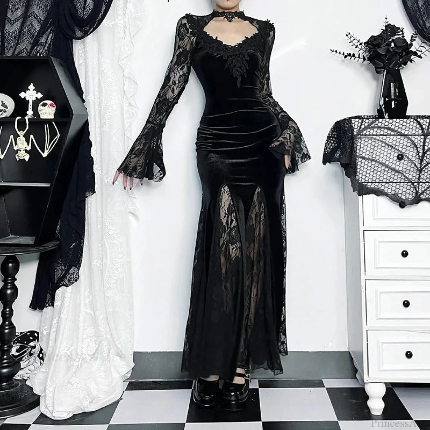 Gloomy Lace Fishtail Tiny Slim Midi Dress