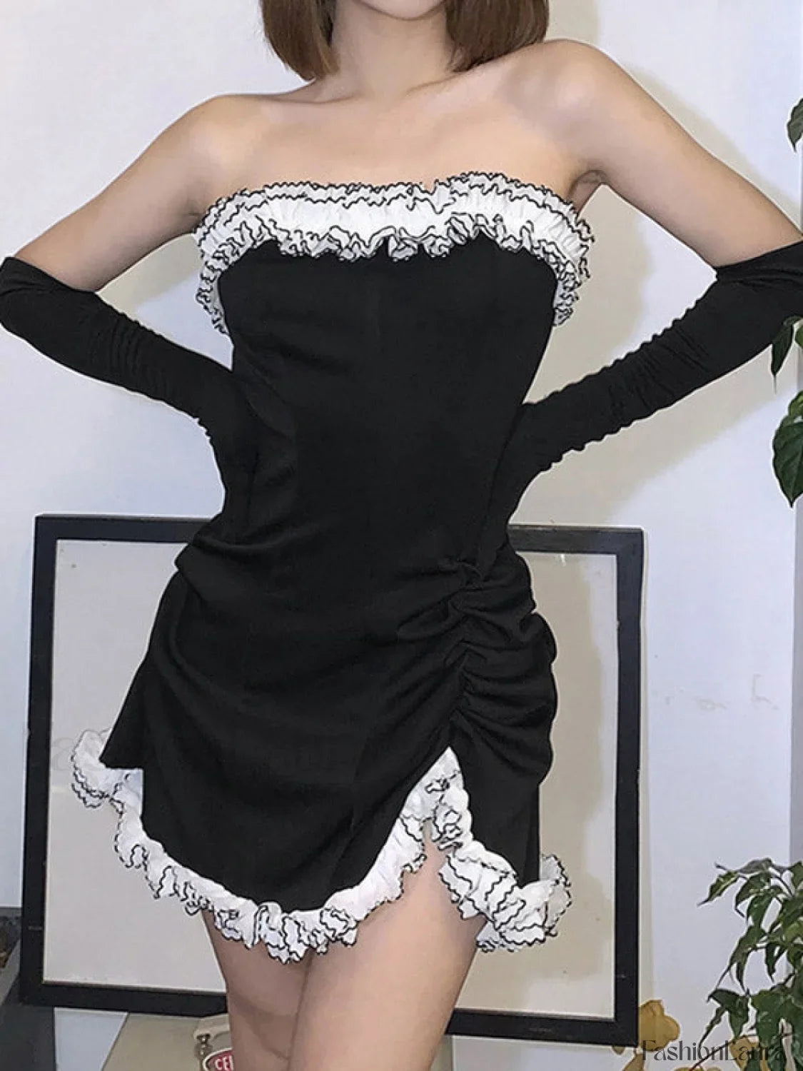 Gloves Detail Strapless Black Mini Dress