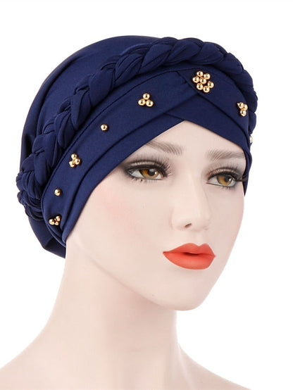 Women Lady Gold Beads Muslim Braid Head Turban Soft Islamic Arab Cap Hat Hair Care Bonnet Beanies Fashion for Women