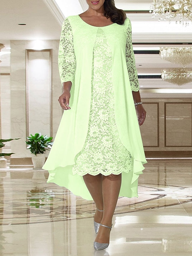 A-Line Mother of the Bride Dress Plus Size Elegant Jewel Neck Knee Length Chiffon Lace Long Sleeve with Lace 2023