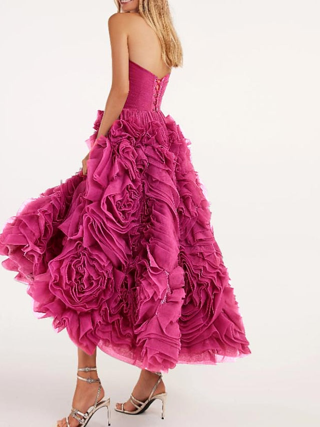 A-Line Prom Dresses Floral Dress Masquerade Ankle Length Sleeveless Strapless Tulle Backless with Floral 2023