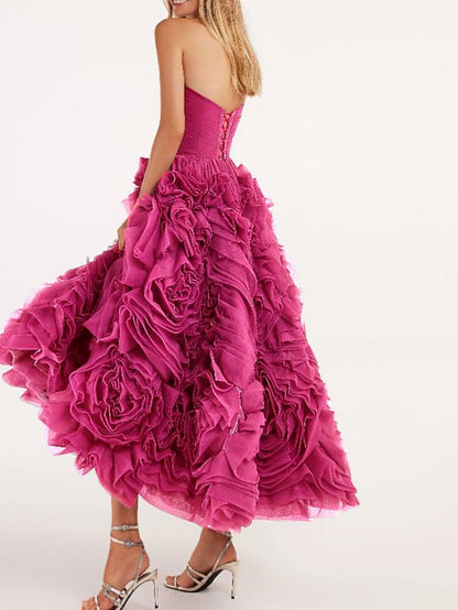A-Line Prom Dresses Floral Dress Masquerade Ankle Length Sleeveless Strapless Tulle Backless with Floral 2023