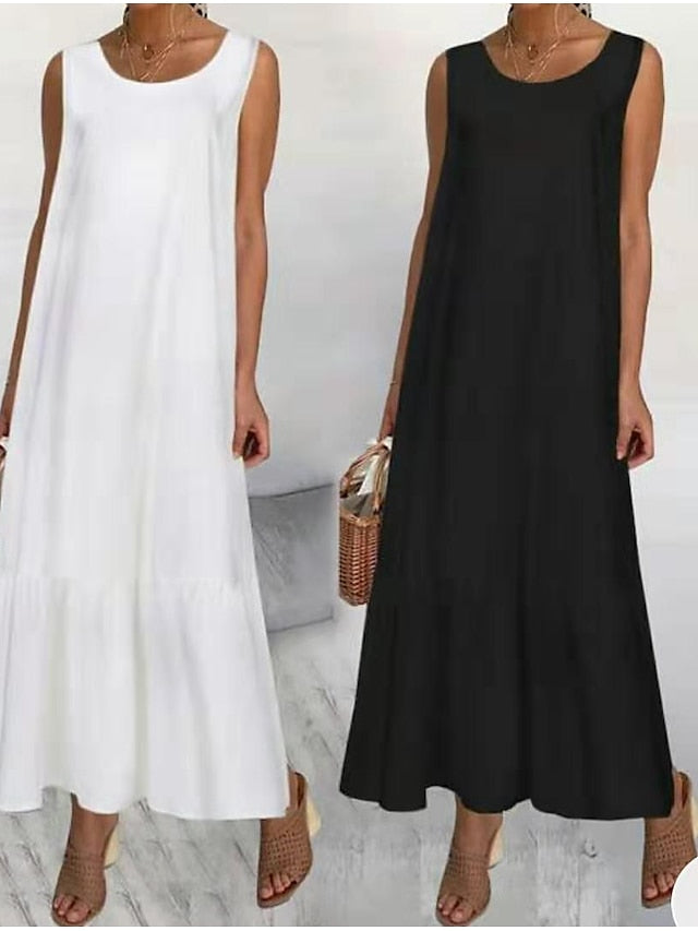 A Line Dress Maxi long Dress Sleeveless Solid Color Patchwork Spring Summer Round Neck Basic Essential Casual Boom Sale Dress S M L XL 2XL 3XL 4XL 5XL for Women