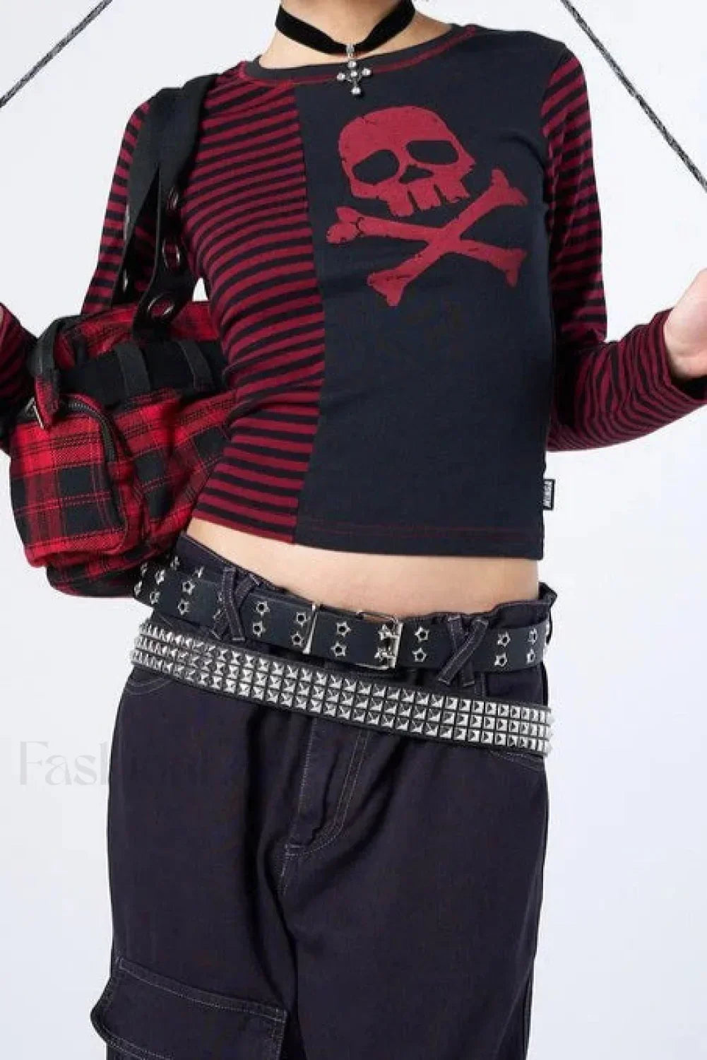 Gothic Skull Stripe Crop T-Shirt