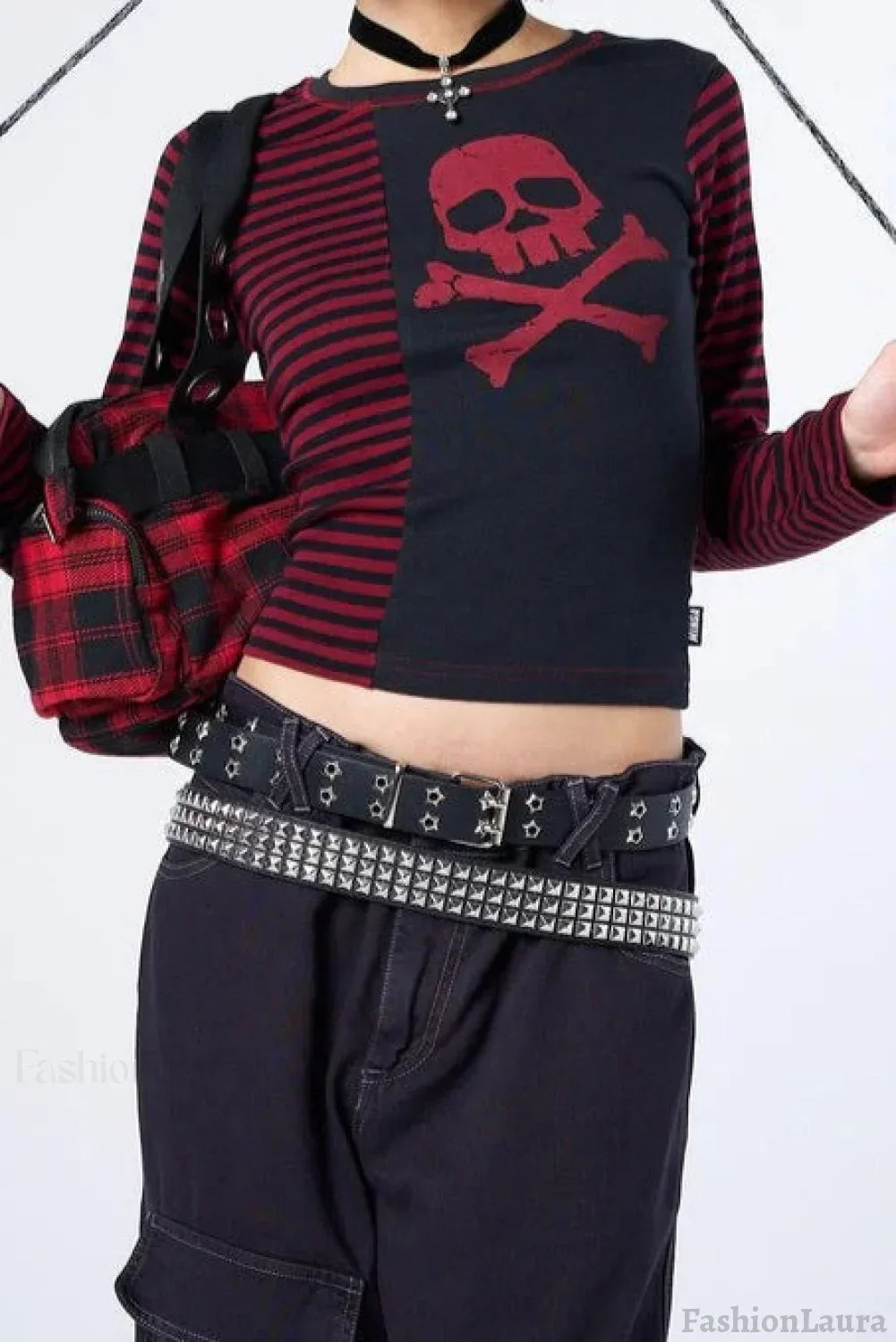 Gothic Skull Stripe Crop T-Shirt