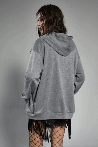 Gothic Wing Print Zip Up Hoodie