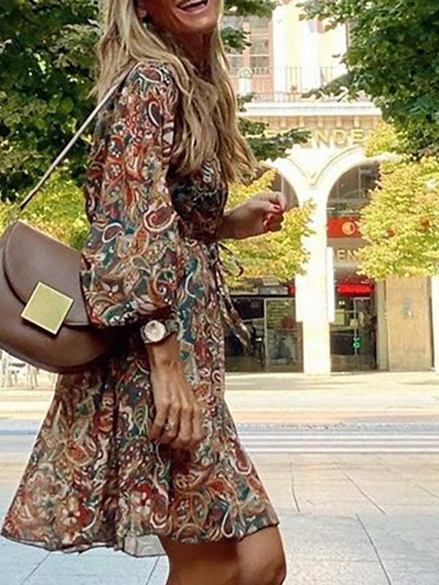 A Line Dress Knee Length Dress Brown Long Sleeve Floral Print Summer Spring V Neck Casual Winter Dress Fall Dress  S M L XL XXL for Women