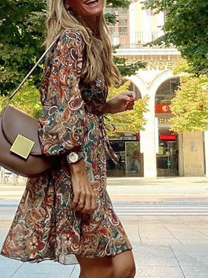 A Line Dress Knee Length Dress Brown Long Sleeve Floral Print Summer Spring V Neck Casual Winter Dress Fall Dress  S M L XL XXL for Women