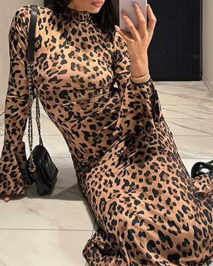 Leopard Print High Collar Stylish Slimming Dress