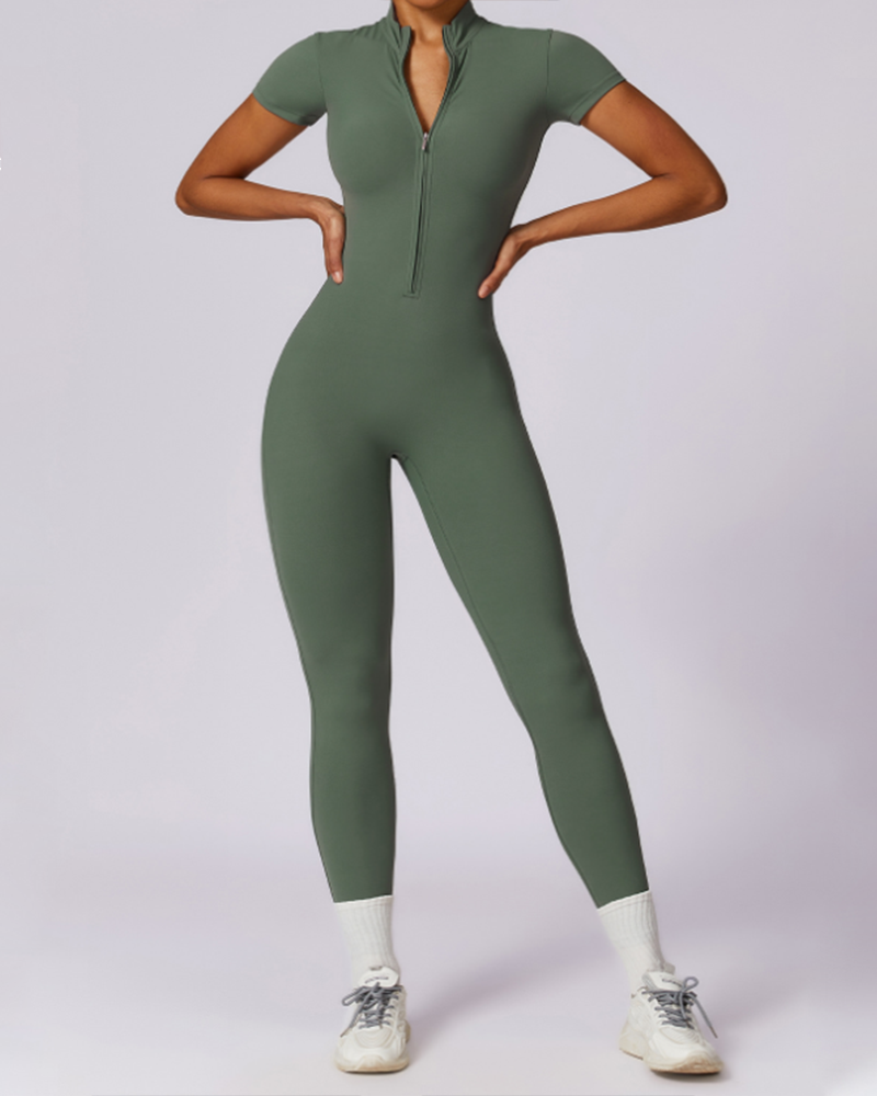 Zippered Short-Sleeved Slim-Fit Jumpsuit