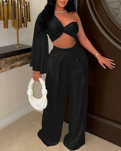 One-Shoulder Pleated Casual Set
