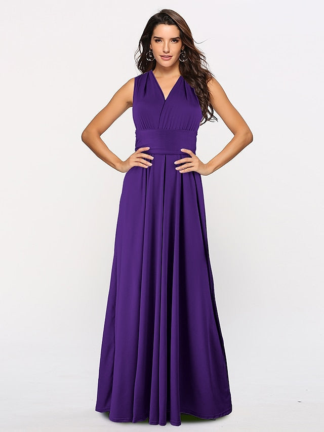 A-Line Bridesmaid Dress Halter / V Neck Sleeveless Convertible Floor Length Spandex with Sash / Ribbon / Pleats 2022