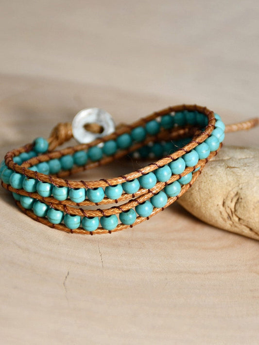 Green Turquoise Beaded Double-Layer Woven Bracelet