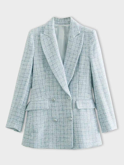 Women's Elegant Mid-Length Light Blue Tweed Blazer with Buttons | Chic All-Season Wear