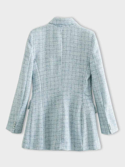 Women's Elegant Mid-Length Light Blue Tweed Blazer with Buttons | Chic All-Season Wear