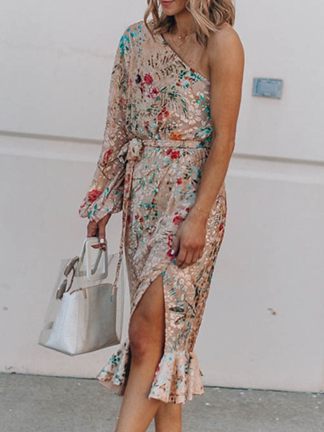 A Line Dress Midi Dress Beige Long Sleeve Floral Ruffle Winter Fall Autumn One Shoulder Vacation Winter Dress Fall Dress Spring Dress Loose Fit  S M L XL for Women