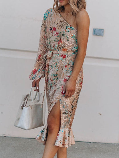 A Line Dress Midi Dress Beige Long Sleeve Floral Ruffle Winter Fall Autumn One Shoulder Vacation Winter Dress Fall Dress Spring Dress Loose Fit  S M L XL for Women