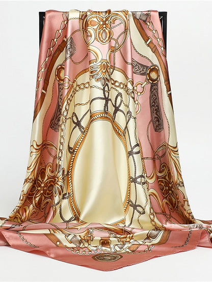 1pcs 90*90cm Fashion Chain Print Scarves Women Shawl Satin Hijab Female Bandana Square Ladies Foulard Wrap Pareo Headcloth for Women