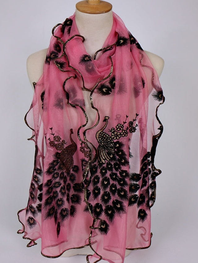 1pcs Women Scarf Elegant Peacock Embroidered Lace Scarf Long Soft Shawl Breathable Long Towel