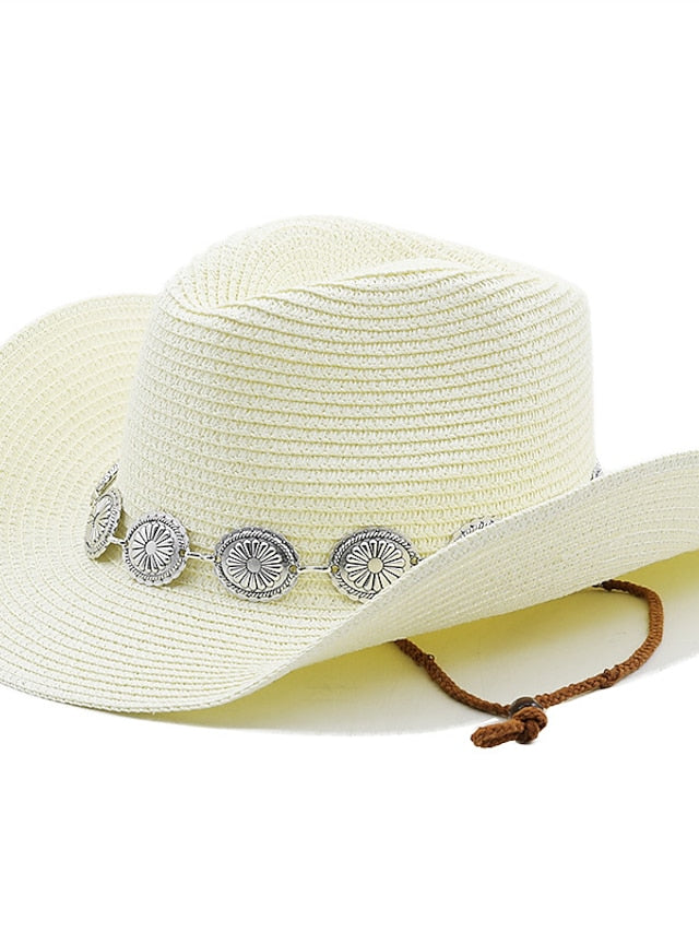 New Summer Men Women Straw Hollow Western Cowboy Hat Elegant Lady Punk Cowgirl Outdoor Jazz Beach with Adjustable Rope Sun Hat for Women