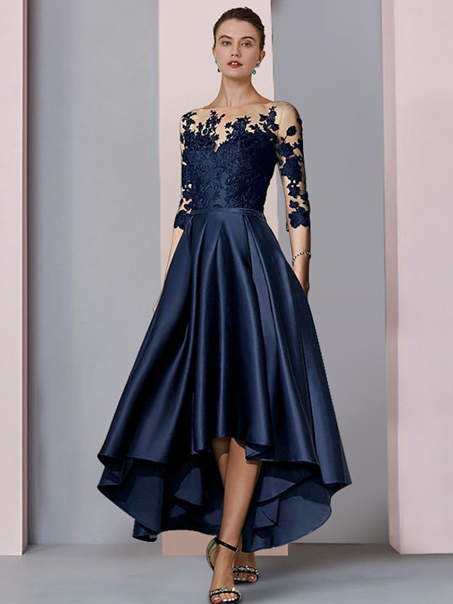 A-Line Mother of the Bride Dress Wedding Guest Elegant High Low Scoop Neck Asymmetrical Tea Length Satin Lace 3/4 Length Sleeve with Pleats Appliques 2023