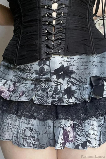 Halloween Gothic Lace Trim Low Waist Ruffled Mini Skirt
