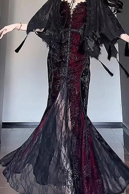 Halloween Gothic Style Dark Shawl Suspenders Tube Top Dress