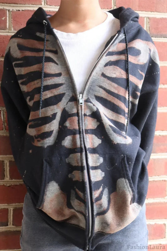 Halloween Skull Print Zip Up Hoodie