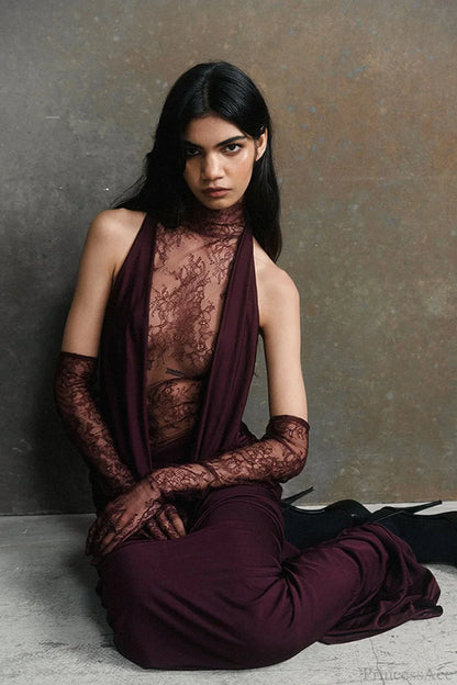 Halter Lace Paneled Deep V Ruched Evening Dress