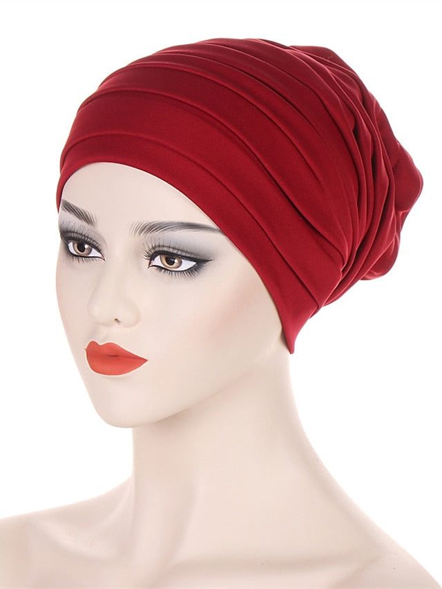 Candy Color Ladies Head Wraps Muslim Hijab Bonnets Fashion Headgear Trendy Elastic Full Body Pleated Turban Cap for Women for Women