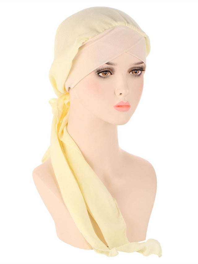 Muslim Women Chiffon Long Headscarf Islam Turban Indian Cap Plain Print Hijab Beanie Hair Care Boho Wraps Hat for Women