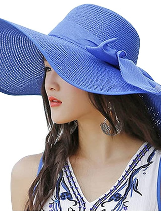 1 pcs 5.5 Inches Big Bowknot Straw Hat Large Floppy Foldable Roll up Beach Cap Sun Hat UPF 50 for Women