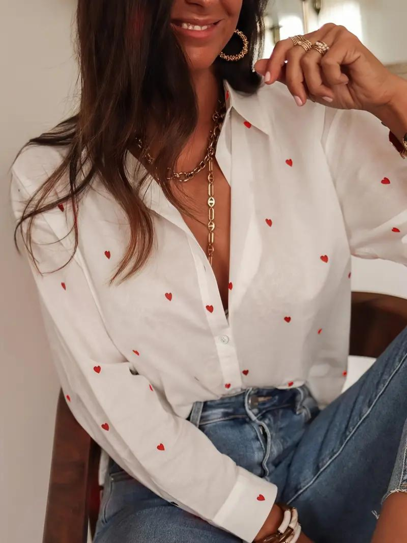Blusa elegante de manga larga con estampado de corazones para mujer | Ideal para primavera/verano