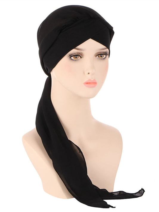 Muslim Women Chiffon Long Headscarf Islam Turban Indian Cap Plain Print Hijab Beanie Hair Care Boho Wraps Hat for Women