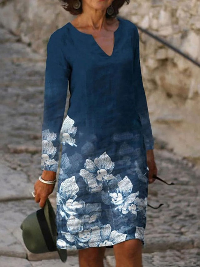 A Line Dress Knee Length Dress White Yellow Pink Long Sleeve Floral Print Winter Fall Autumn V Neck Casual Winter Dress Fall Dress  S M L XL XXL 3XL for Women