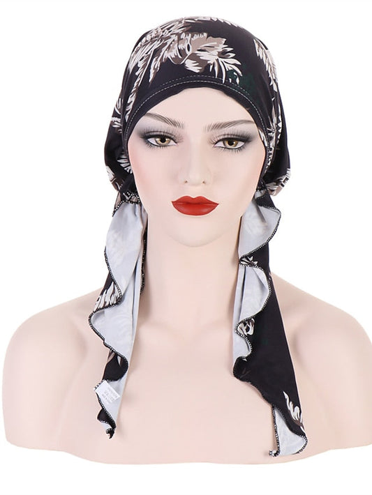 Women Printed Pre-tie Headscarf Elastic Muslim Female Turban Soft Hat Hair Loss Cover Head Wrap Headwear Stretch Bandana for Women