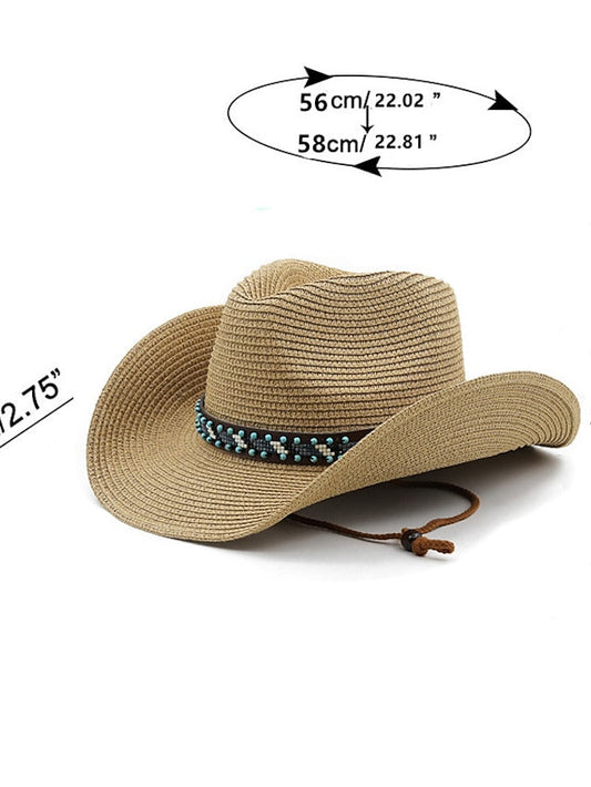 British Wind with Bead Leather Rope Cowgirl Summer Straw Hat for Women Men Western Cowboy Hat Lady Trendy Beach Sun Hat for Women