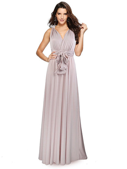 A-Line Bridesmaid Dress Halter / V Neck Sleeveless Convertible Floor Length Spandex with Sash / Ribbon / Pleats 2022