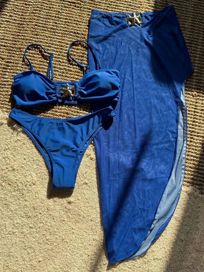 High Cut Brazilian Bikini with Mesh Skirt Three Piece Swimsuit
